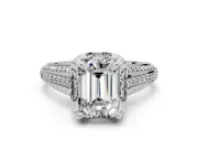 Solitaire Engagement Ring Setting for Emerald Cut Center with Accented Split Shank and Prong Head in Platinum