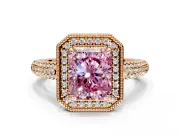 Milgrain Halo Engagement Ring Setting for Fancy Pink Radiant Cut Center with Three-Sided Pave Band and Prong Head in Rose Gold