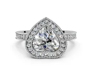 Halo Engagement Ring Setting for Heart-Shaped Center with Milgrain Halo, Pave Band and Prong Head in White Gold