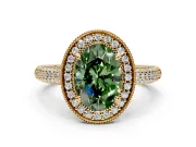 Milgrain Halo Engagement Ring Setting for Fancy Green Oval Center with Three-Sided Pave Band and Prong Head in Yellow Gold