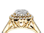 Double Halo Engagement Ring Setting for Cushion Cut Center with Narrow Pave Split Shank and Prong Head in Yellow Gold