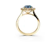 Halo Engagement Ring Setting for Fancy Blue Round Cut Center with Single-Row Pave, Open Basket and Prong Head in Yellow Gold