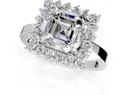 Starburst Halo Engagement Ring Setting for Asscher Cut Center with Flat Cathedral Band and Prong Head in Sterling Silver