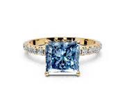 Solitaire Engagement Ring Setting for Fancy Blue Princess Cut Center with Micro Pave Band and Prong Head in Yellow Gold