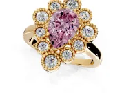 Cluster Halo Engagement Ring Setting for Fancy Pink Pear-Shaped Center with Milgrain Bezel Accents and Prong Head in Yellow Gold