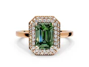 Halo Engagement Ring Setting for Fancy Green Emerald Cut Center with Plain Tapered Band and Prong Head in Rose Gold
