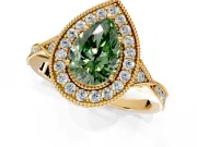 Halo Engagement Ring Setting for Fancy Green Pear-Shaped Center with Milgrain Rim, Pave Band and Prong Head in Yellow Gold