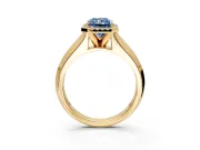 Halo Engagement Ring Setting for Fancy Blue Radiant Cut Center with Knife Ridge Cathedral Band and Prong Head in Yellow Gold
