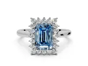 Starburst Halo Engagement Ring Setting for Fancy Blue Emerald Cut Center with Thin Round-Wire Band and Prong Head in Sterling Silver