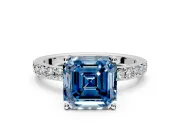 Solitaire Engagement Ring Setting for Fancy Blue Asscher Cut Center with Round Cut Pave Band and Prong Head in Platinum