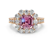 Halo Engagement Ring Setting for Fancy Pink Asscher Cut Center with Milgrain Channel Band and Prong Head in Rose Gold