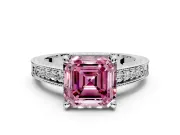 Engraved Engagement Ring Setting for Fancy Pink Asscher Cut Center with Milgrain Pave Band and Prong Head in Platinum