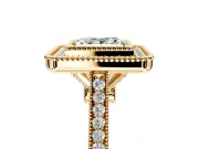 Halo Engagement Ring Setting for Princess Cut Center with Milgrain Frame, Pave Band and Prong Head in Yellow Gold