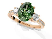 3 Stone Engagement Ring Setting for Fancy Green Oval Center with Round Cut Side Accents and Prong Head in Rose Gold