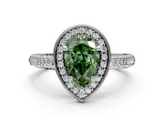 Milgrain Halo Engagement Ring Setting for Fancy Green Pear-Shaped Center with Three-Sided Pave Band and Prong Head in Platinum