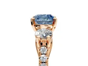 3 Stone Engagement Ring Setting for Fancy Blue Cushion Cut Center with Crossover Basket, Pave Band and Prong Head in Rose Gold