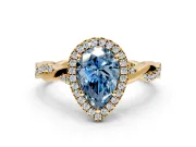 Halo Engagement Ring Setting for Fancy Blue Pear-Shaped Center with Pave and Plain Twist Band and Prong Head in Yellow Gold
