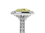 Halo Engagement Ring Setting for Fancy Yellow Radiant Cut Center with Milgrain Pave Band and Bezel Head in White Gold