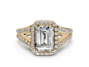 Halo Engagement Ring Setting for Emerald Cut Center with Narrow Pave Split Shank and Prong Head in Yellow Gold
