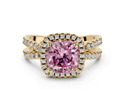 Halo Engagement Ring Setting for Fancy Pink Cushion Cut Center with Double Pave Split Shank and Prong Head in Yellow Gold