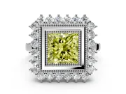 Halo Engagement Ring Setting for Fancy Yellow Princess Cut Center with Milgrain Bezel Rim, Plain Band and Prong Head in Sterling Silver