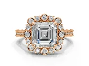 Milgrain Halo Engagement Ring Setting for Asscher Cut Center with Bezel Point Accents and Prong Head in Rose Gold