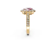 Halo Engagement Ring Setting for Fancy Pink Oval Center with Milgrain Channel Band and Prong Head in Yellow Gold