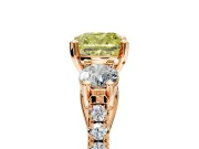 3 Stone Engagement Ring Setting for Fancy Yellow Cushion Cut Center with Crossover Basket, Pave Band and Prong Head in Rose Gold