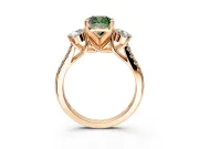 3 Stone Engagement Ring Setting for Fancy Green Cushion Cut Center with Crossover Basket, Pave Band and Prong Head in Rose Gold