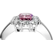 Halo Engagement Ring Setting for Fancy Pink Emerald Cut Center with Milgrain Channel Band and Prong Head in White Gold