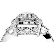 Halo Engagement Ring Setting for Round Cut Center with Milgrain Rim, Pave Band and Prong Head in Platinum