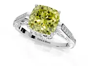 Cathedral Engagement Ring Setting for Fancy Yellow Cushion Cut Center with Antique-Style Pave Band and Prong Head in White Gold