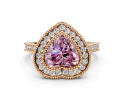 Halo Engagement Ring Setting for Fancy Pink Heart-Shaped Center with Milgrain Frame, Pave Band and Prong Head in Rose Gold