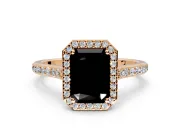 Halo Engagement Ring Setting for Fancy Black Radiant Cut Center with Pave Accents, Heart Basket and Prong Head in Rose Gold