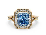 Halo Engagement Ring Setting for Fancy Blue Radiant Cut Center with Milgrain Rim, Pave Band and Prong Head in Yellow Gold