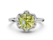 Floral Frame Engagement Ring Setting for Fancy Yellow Round Cut Center with Accent Clusters and Prong Head in White Gold