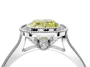 Halo Engagement Ring Setting for Fancy Yellow Cushion Cut Center with Milgrain Pave Band and Bezel Head in White Gold