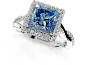 Halo Engagement Ring Setting for Fancy Blue Princess Cut Center with Twist Band and Prong Head in White Gold