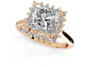 Starburst Halo Engagement Ring Setting for Princess Cut Center with Thin Round-Wire Band and Prong Head in Rose Gold