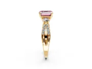 3 Stone Engagement Ring Setting for Fancy Pink Asscher Cut Center with Pave Split Shank and Prong Head in Yellow Gold
