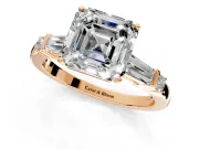 Bar-Set Engagement Ring Setting for Asscher Cut Center with Tapered Baguette Accents and Prong Head in Rose Gold