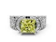 Pave Engagement Ring Setting for Fancy Yellow Princess Cut Center with Curved Accent Rows, Openwork and Prong Head in Sterling Silver