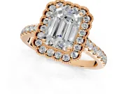 Milgrain Floral Halo Engagement Ring Setting for Emerald Cut Center with Pave Band and Prong Head in Rose Gold