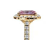 Halo Engagement Ring Setting for Fancy Pink Emerald Cut Center with Raised Halo, Pave Band and Prong Head in Yellow Gold