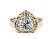 Halo Engagement Ring Setting for Heart-Shaped Center with Milgrain Pave Band and Bezel Head in Yellow Gold