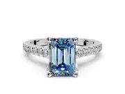 Solitaire Engagement Ring Setting for Fancy Blue Emerald Cut Center with Widening Pave Band and Claw Prong Head in Sterling Silver