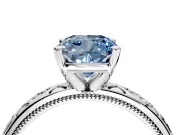 Solitaire Engagement Ring Setting for Fancy Blue Cushion Cut Center with Scrollwork Band and Prong Head in Platinum