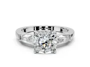 3 Stone Engagement Ring Setting for Cushion Cut Center with Tapered Baguettes, Plain Band and Prong Head in Sterling Silver