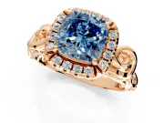 Halo Engagement Ring Setting for Fancy Blue Cushion Cut Center with Open Scroll Shoulders and Prong Head in Rose Gold