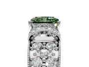 Pave Engagement Ring Setting for Fancy Green Radiant Cut Center with Curved Accent Rows, Openwork and Prong Head in White Gold